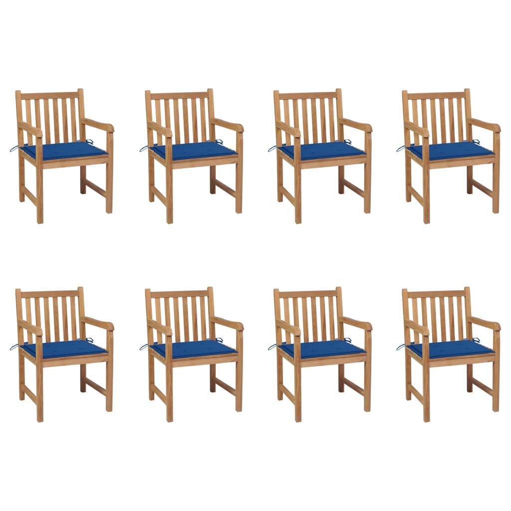 Καρέκλες Κήπου 8 Τεμαχίων Μασίφ Ξύλο Teak & Μπλε Ρουά Μαξιλάρια 1