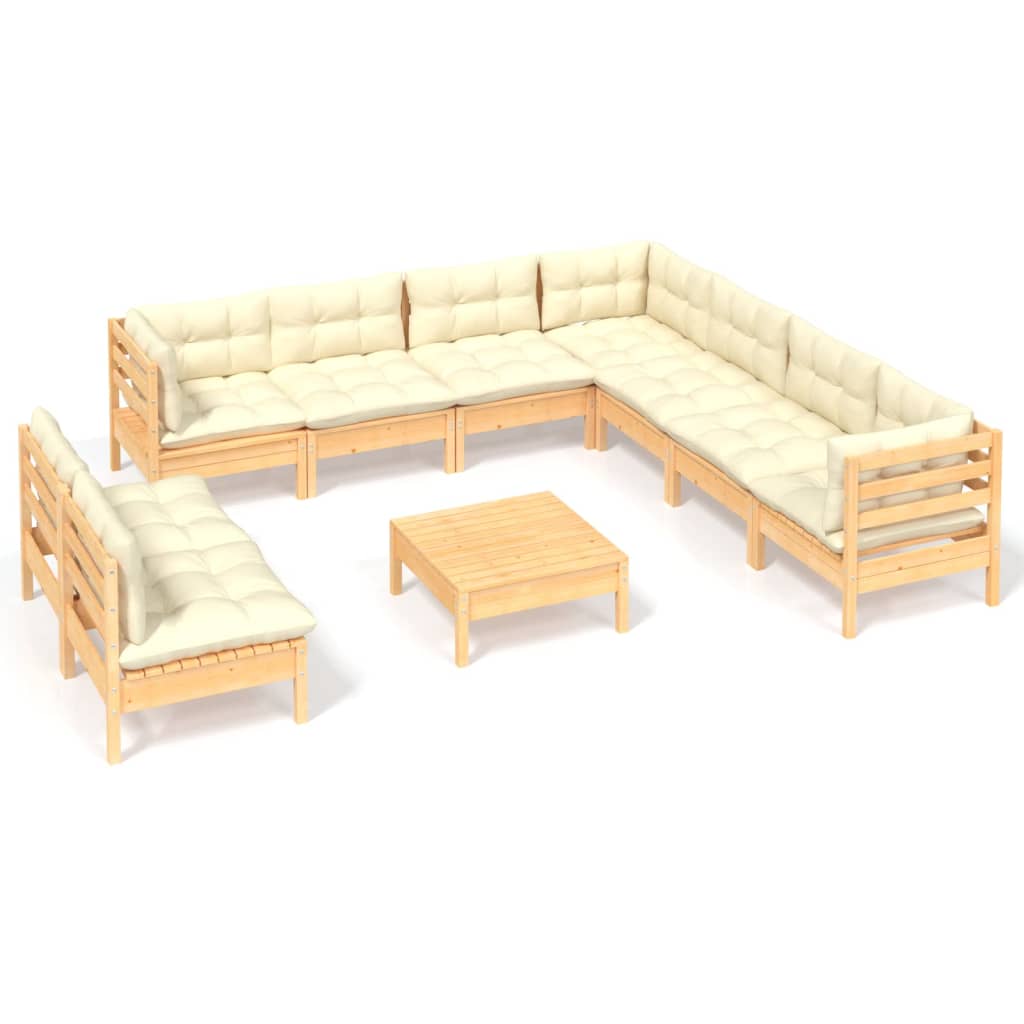 Σαλόνι Κήπου Σετ 10 Τεμ. Μασίφ Ξύλο Πεύκου με Κρεμ Μαξιλάρια 2