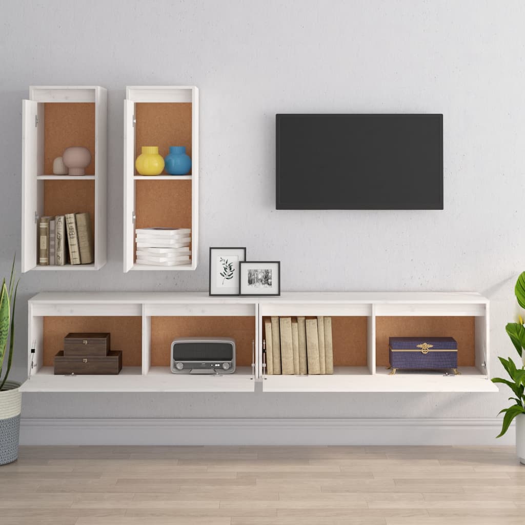 Έπιπλα Τηλεόρασης 4 τεμ. Λευκά από Μασίφ Ξύλο Πεύκου 3