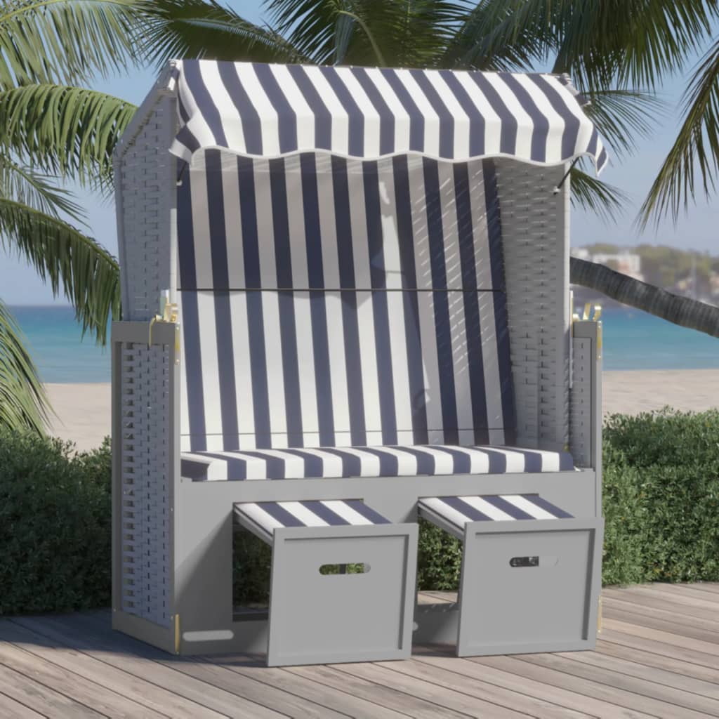 Ξαπλώστρα Strandkorb με Σκίαστρο Μπλε/Λευκό Συνθ. Ρατάν/Ξύλο 1