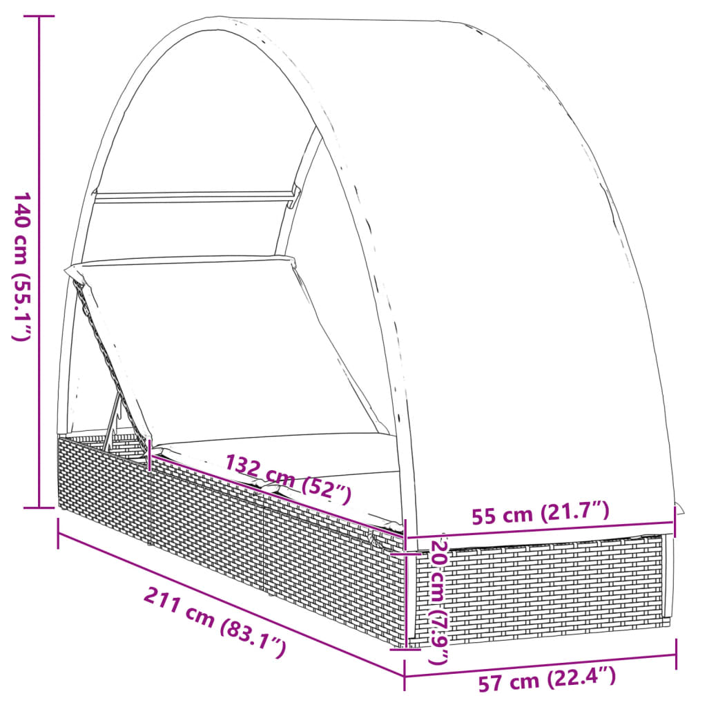 Ξαπλώστρα Στρογγυλή Οροφή Μαύρη 211 x 57 x 140 εκ. Συνθ. Ρατάν 11