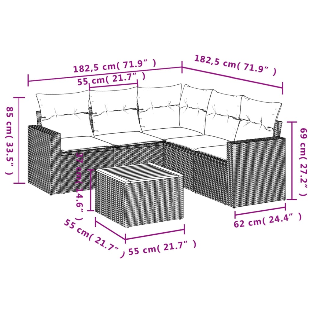 Καναπές Κήπου 6 Τεμαχίων Μαύρο από Συνθετικό Ρατάν με Μαξιλάρια 3