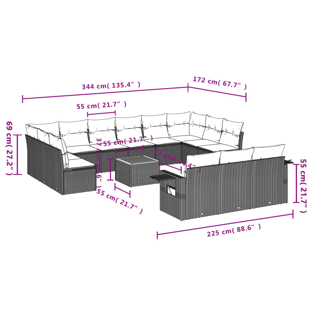 Σαλόνι Κήπου 14 Τεμαχίων Γκρι από Συνθετικό Ρατάν με Μαξιλάρια 9