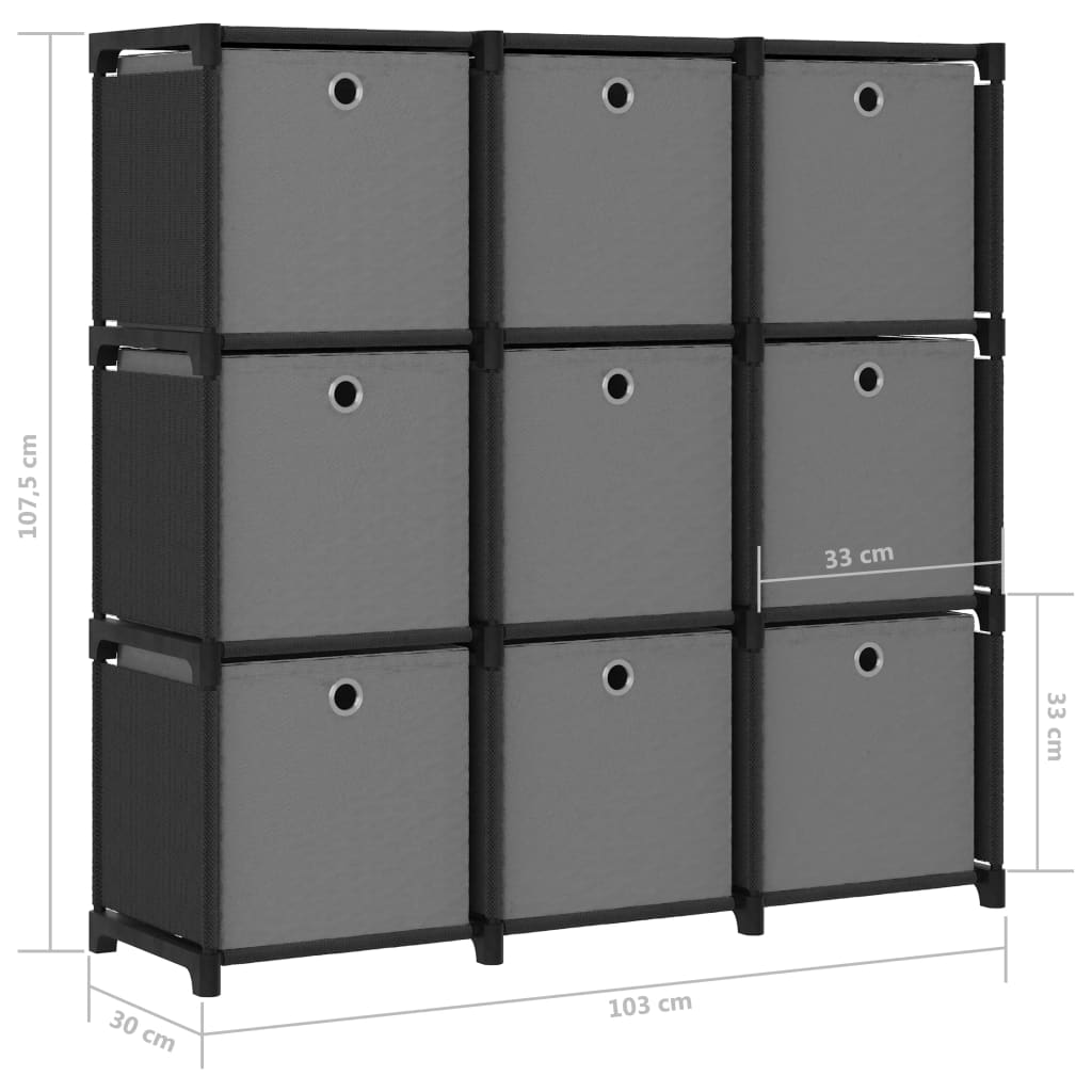 Ραφιέρα με 9 Κύβους & Κουτιά Μαύρη 103x30x107,5 εκ. Υφασμάτινη 9
