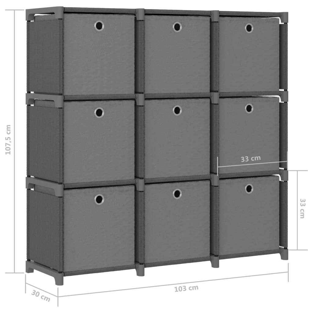 Ραφιέρα με 9 Κύβους & Κουτιά Γκρι 103x30x107,5 εκ. Υφασμάτινη 9