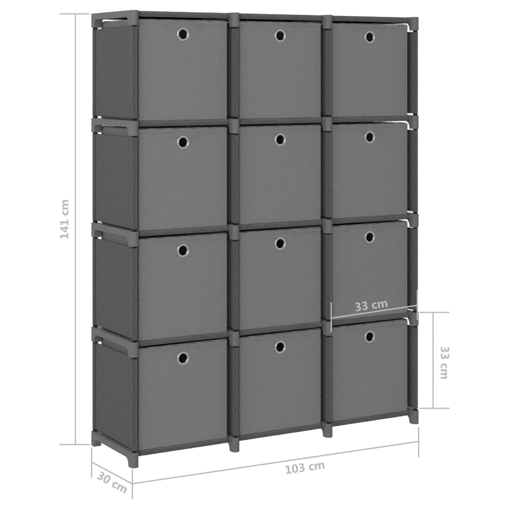 Ραφιέρα με 12 Κύβους & Κουτιά Γκρι 103x30x141 εκ. Υφασμάτινη 9