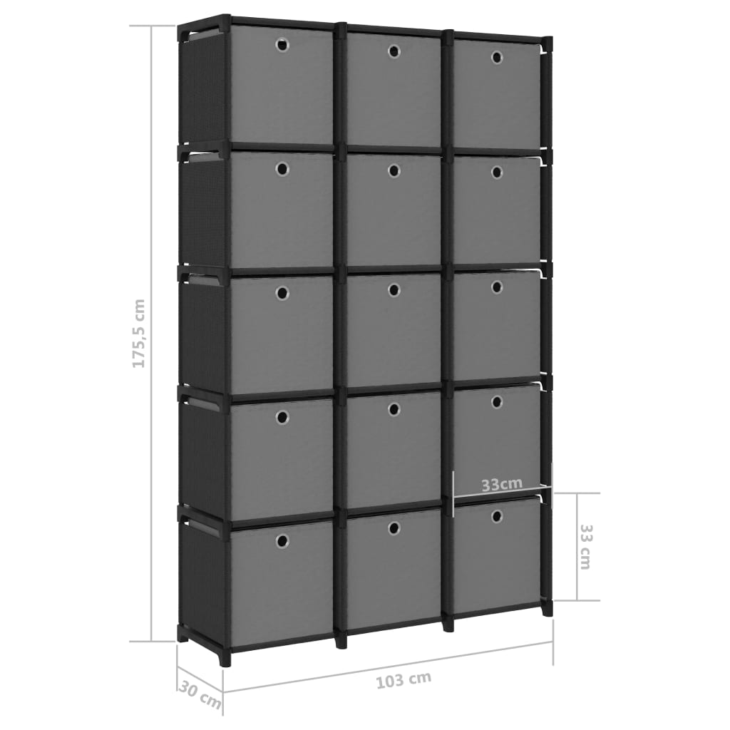 Ραφιέρα με 15 Κύβους & Κουτιά Μαύρη 103x30x175,5 εκ. Υφασμάτινη 9