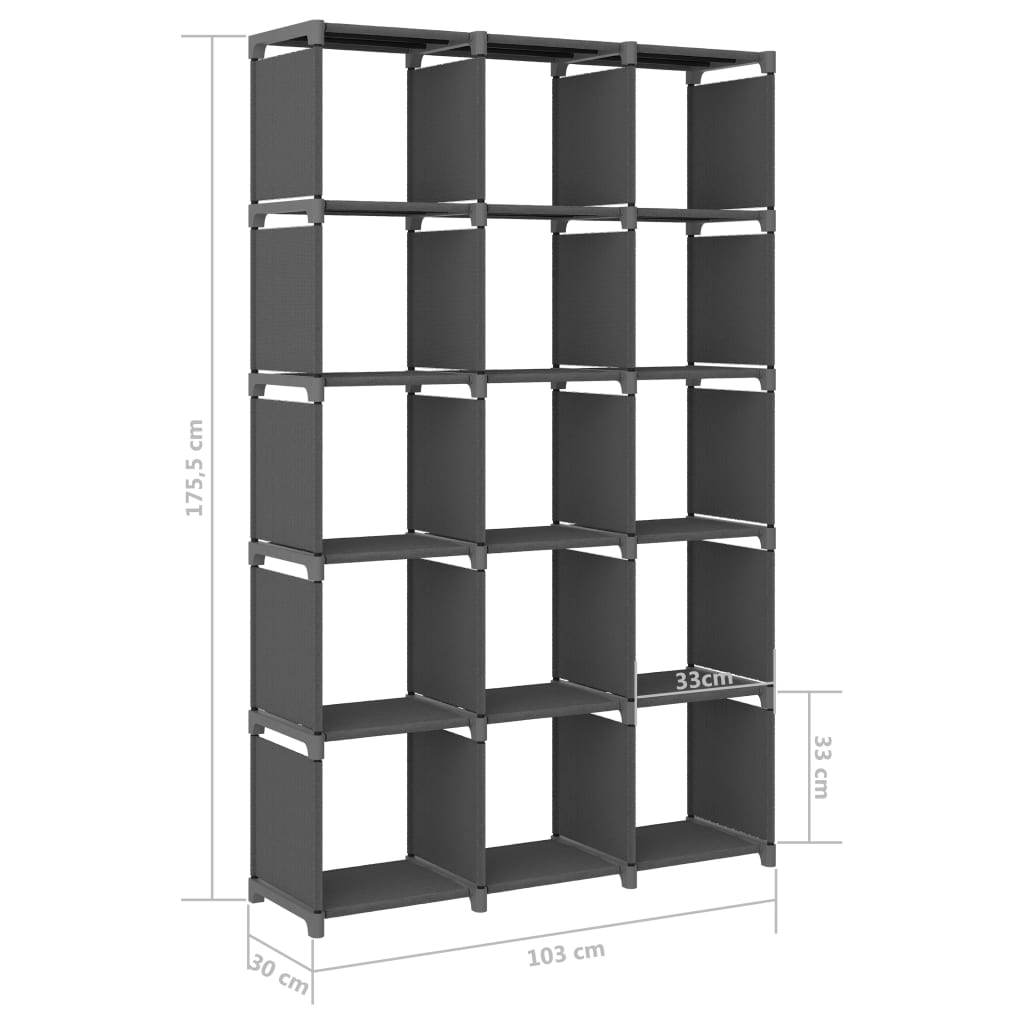 Ραφιέρα με 15 Κύβους & Κουτιά Γκρι 103x30x175,5 εκ. Υφασμάτινη 8