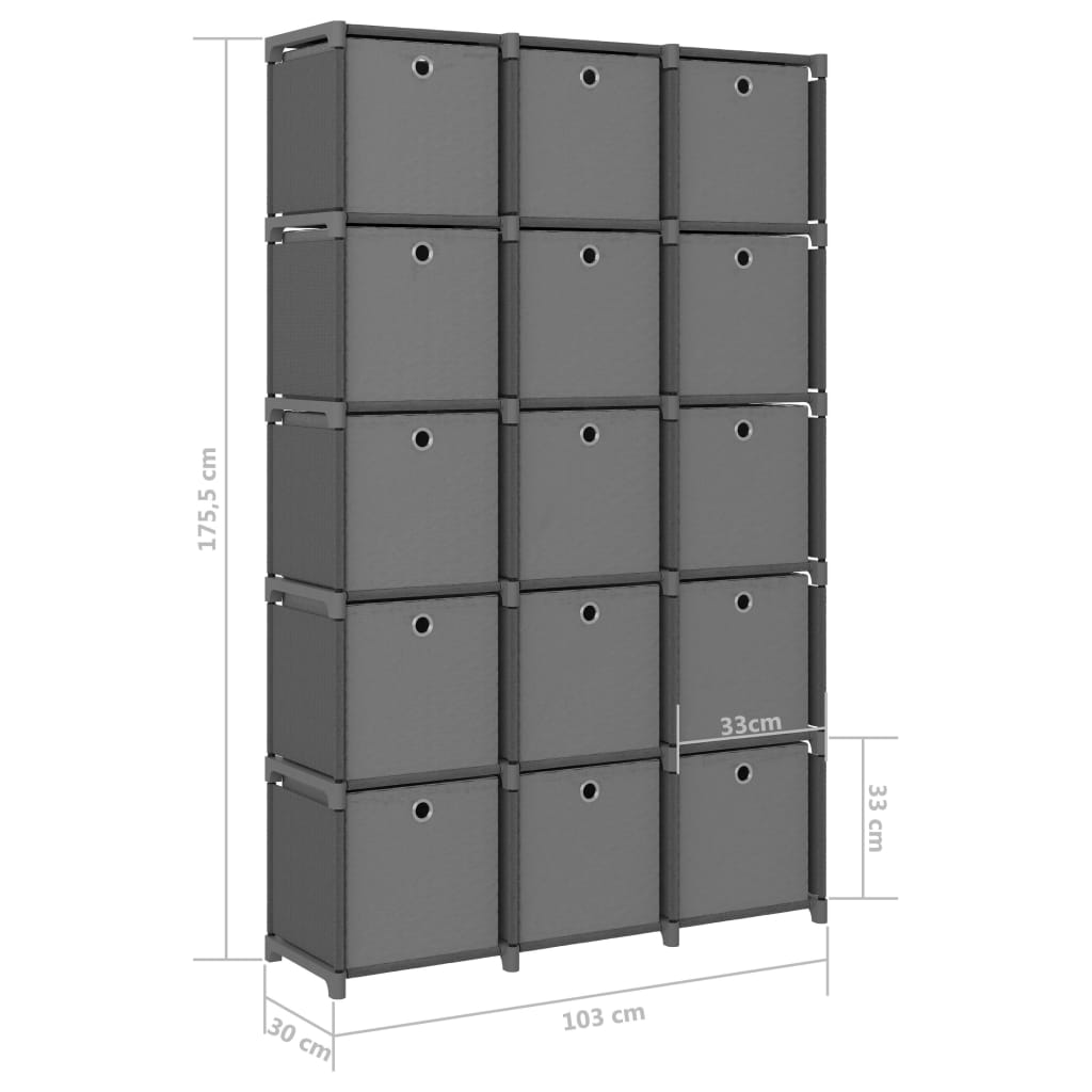 Ραφιέρα με 15 Κύβους & Κουτιά Γκρι 103x30x175,5 εκ. Υφασμάτινη 9