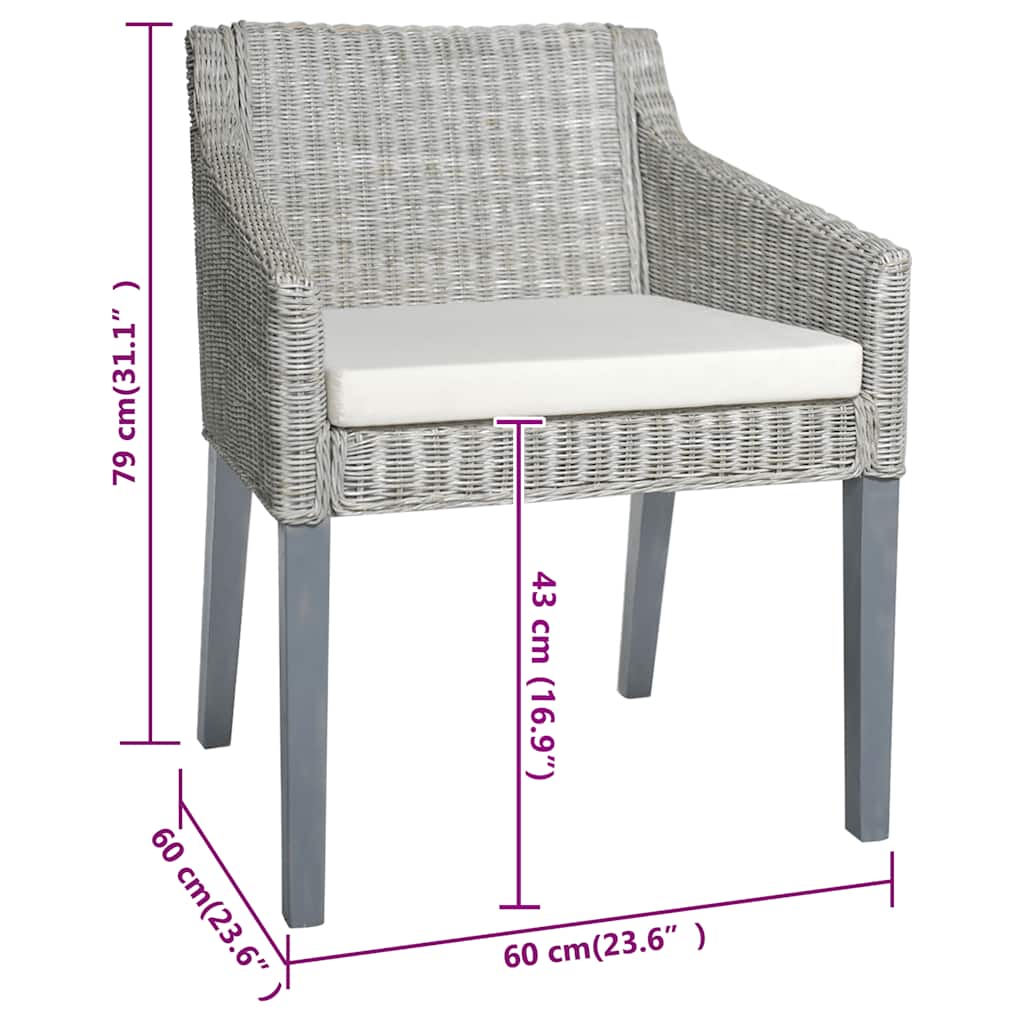 Καρέκλες Τραπεζαρίας 2 τεμ. Γκρι από Φυσικό Ρατάν με Μαξιλάρια 7