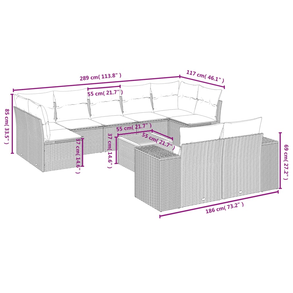 Σαλόνι Κήπου 10 Τεμαχίων Γκρι από Συνθετικό Ρατάν με Μαξιλάρια 3
