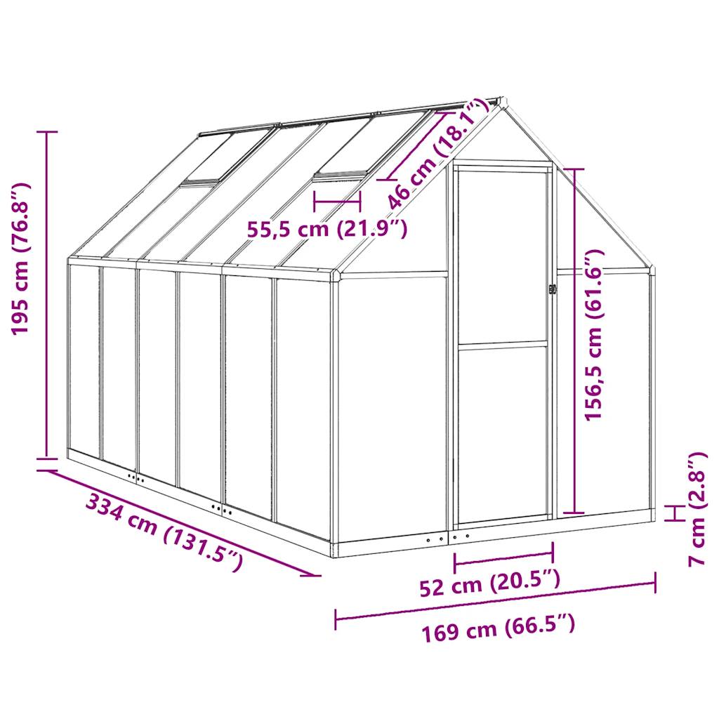 Θερμοκήπιο με Πλαίσιο Βάσης Ασημί 334x169x195 εκ. Αλουμινίου 10