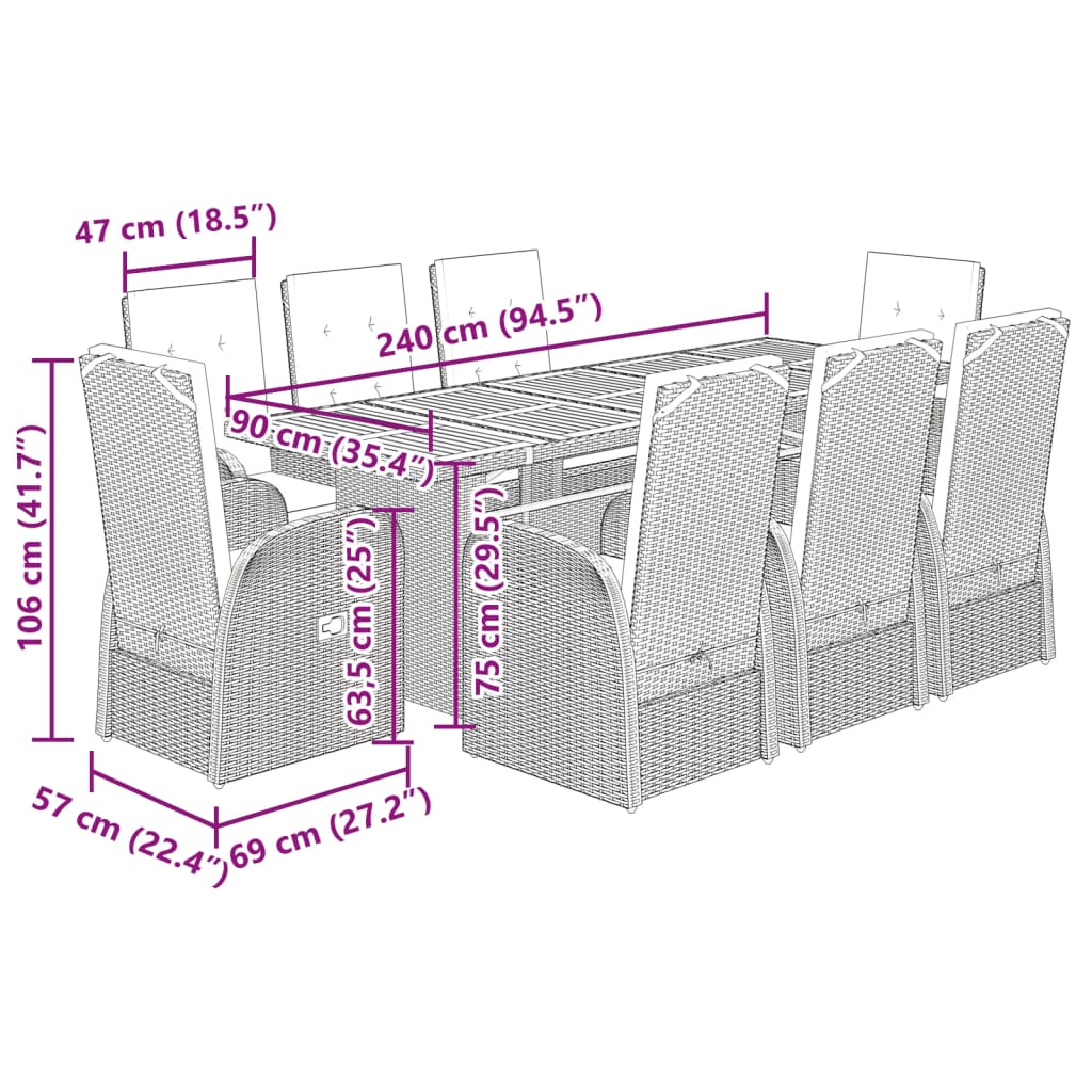Σετ Τραπεζαρίας Κήπου 9 τεμ. Γκρι Συνθ. Ρατάν με Μαξιλάρια 10