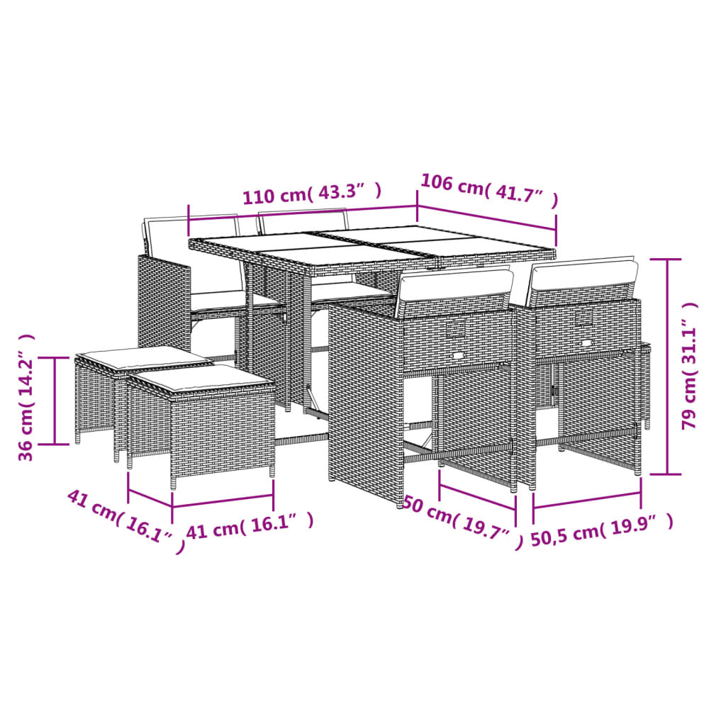 Σετ Τραπεζαρίας Κήπου 9 τεμ. Καφέ Συνθετικό Ρατάν με Μαξιλάρια 11