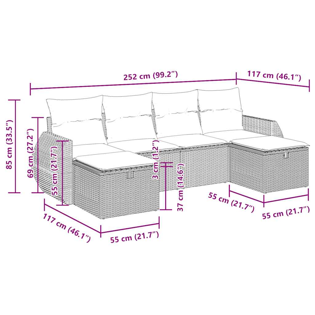 Καναπές Κήπου 6 Τεμαχίων Μαύρο από Συνθετικό Ρατάν με Μαξιλάρια 12