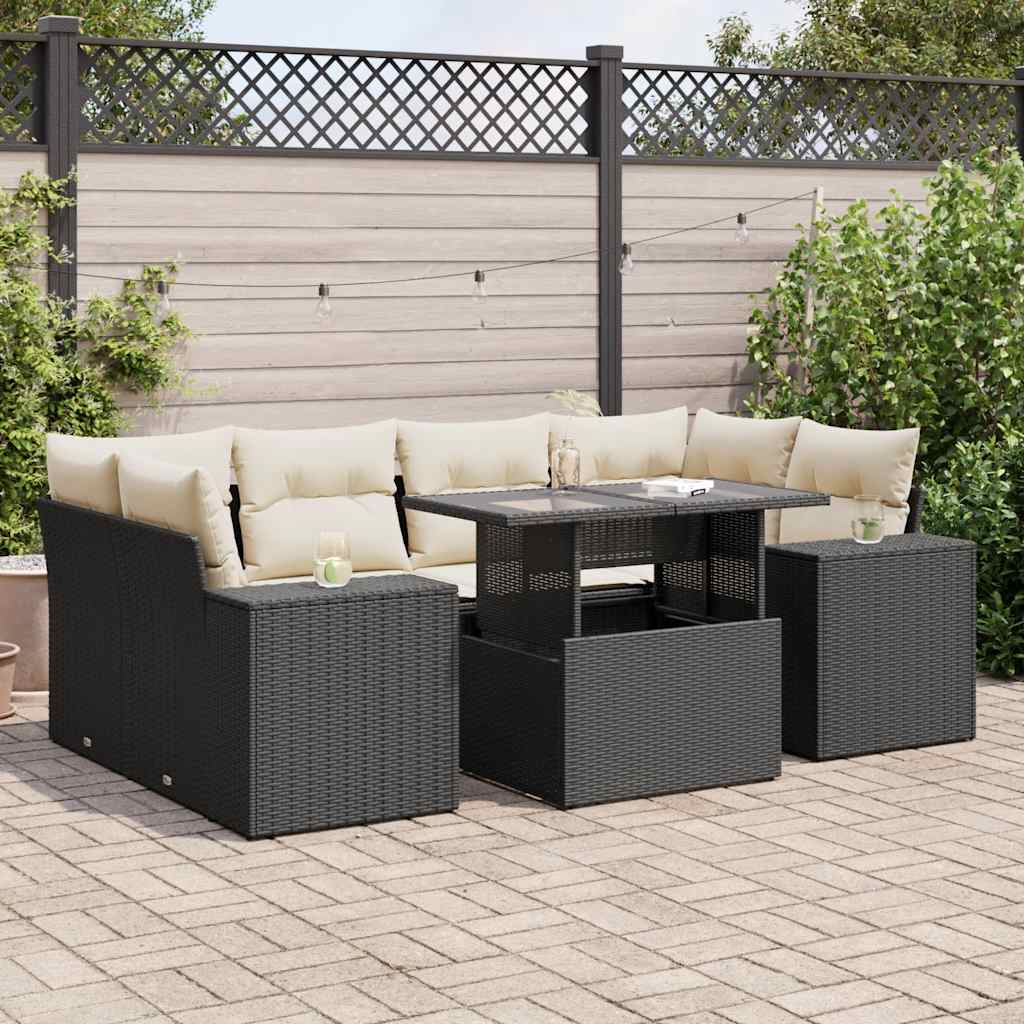 Καναπές Σετ 7 Τεμαχίων Μαύρο Συνθετικό Ρατάν με Μαξιλάρια 1