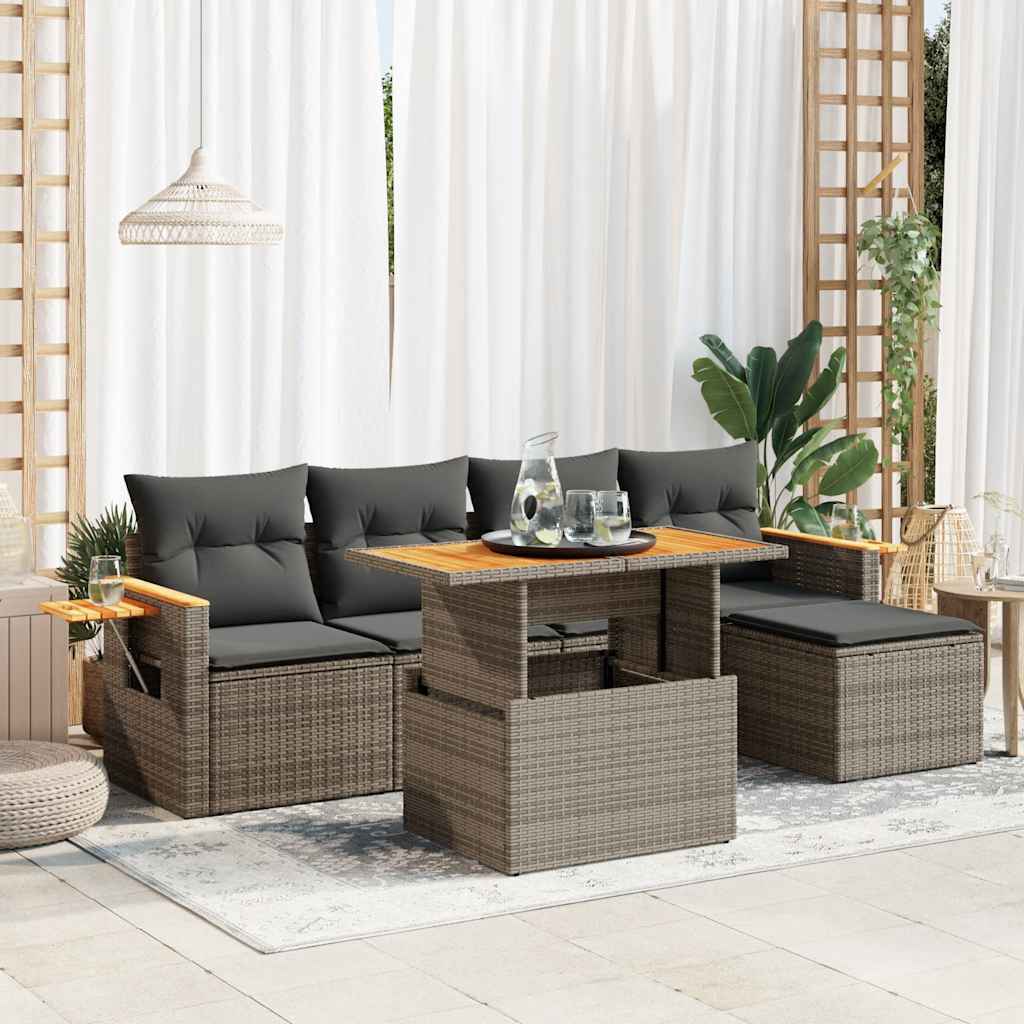 Σαλόνι Κήπου 6 Τεμαχίων Γκρι Συνθετικό Ρατάν Μαξιλάρια Ακακία 1