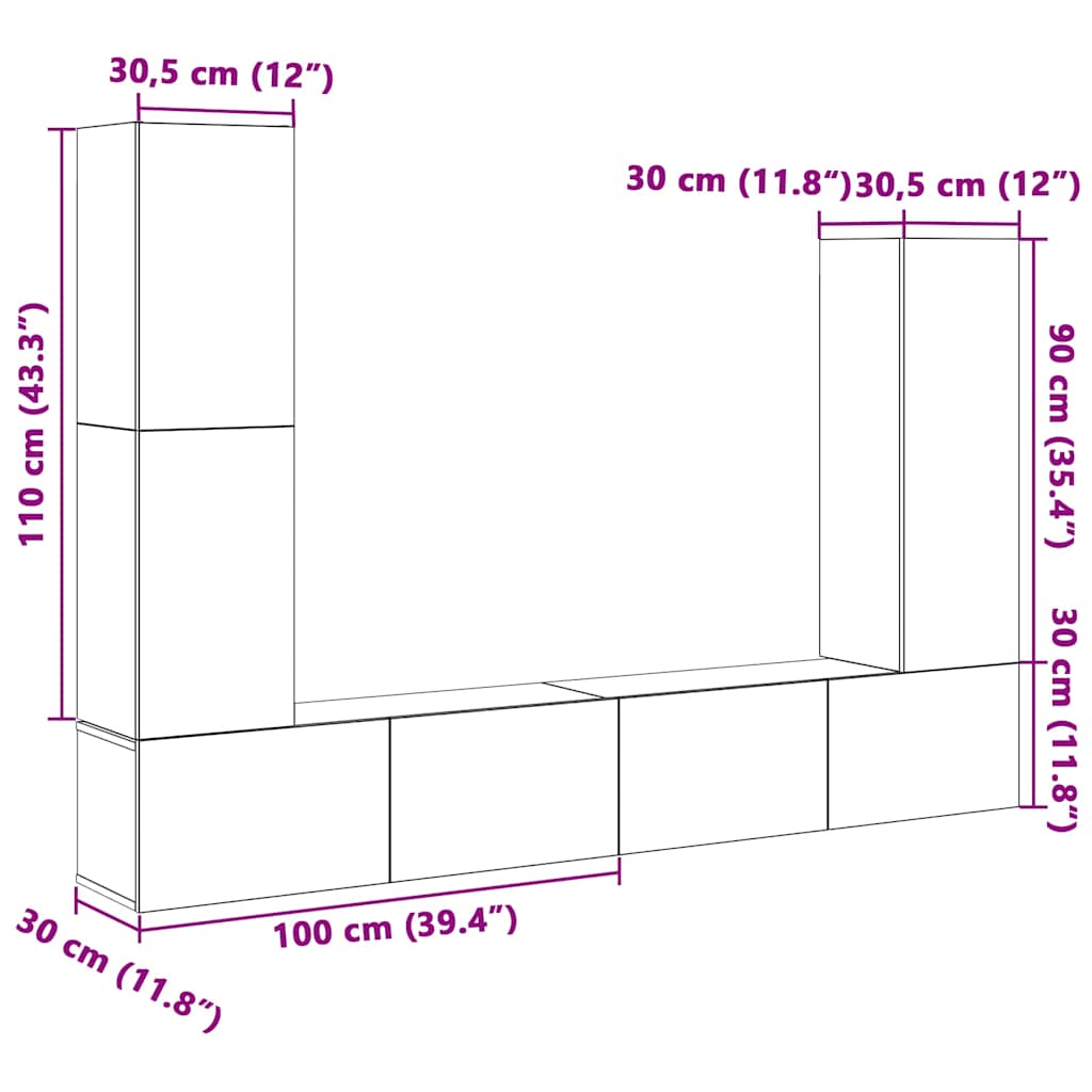 4 τεμαχίων σετ ντουλαπιών τηλεόρασης με επίτοιχο παλιό ξύλο 11