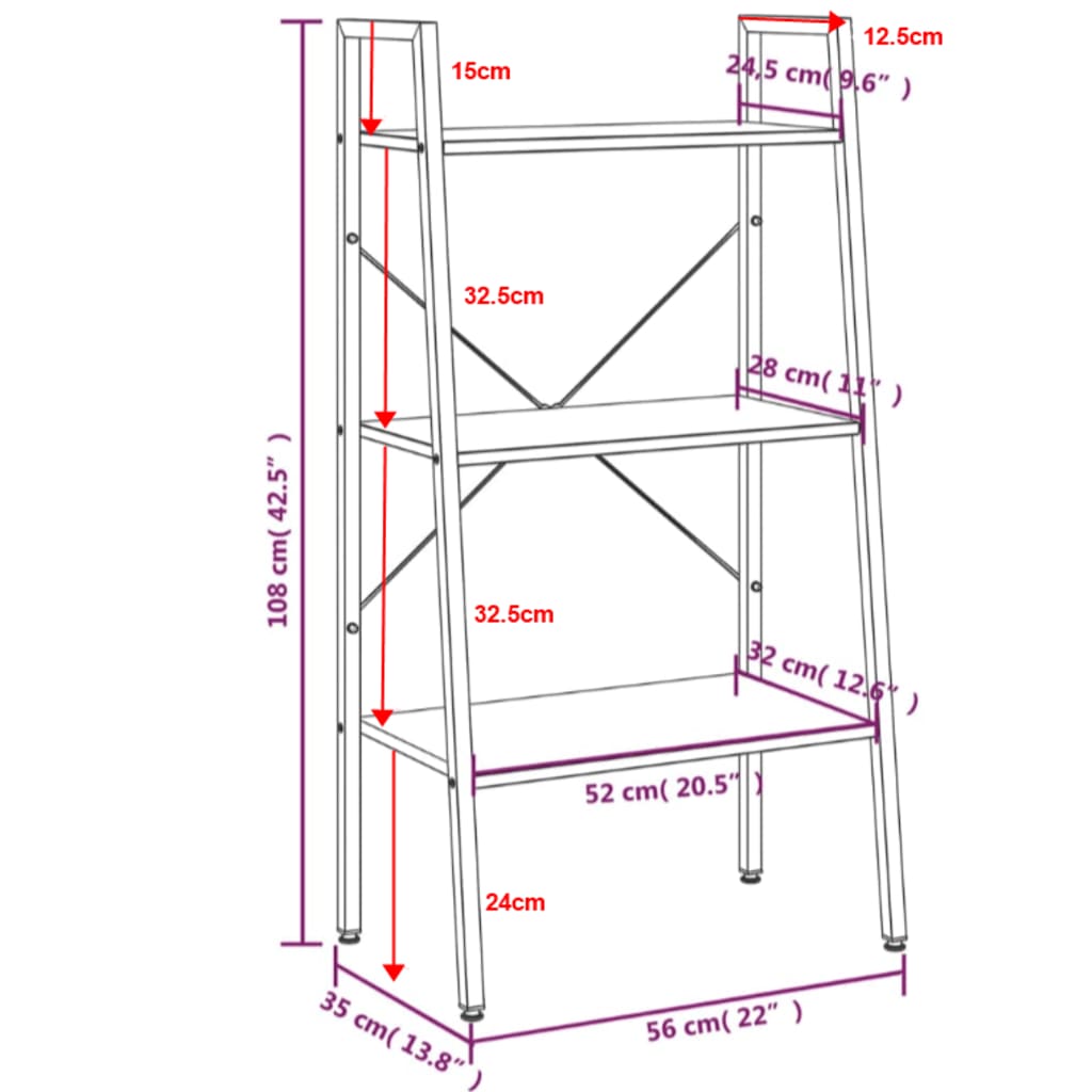 Ραφιέρα 3 Επιπέδων Ανοιχτό Καφέ & Μαύρο 56 x 35 x 108 εκ. 8