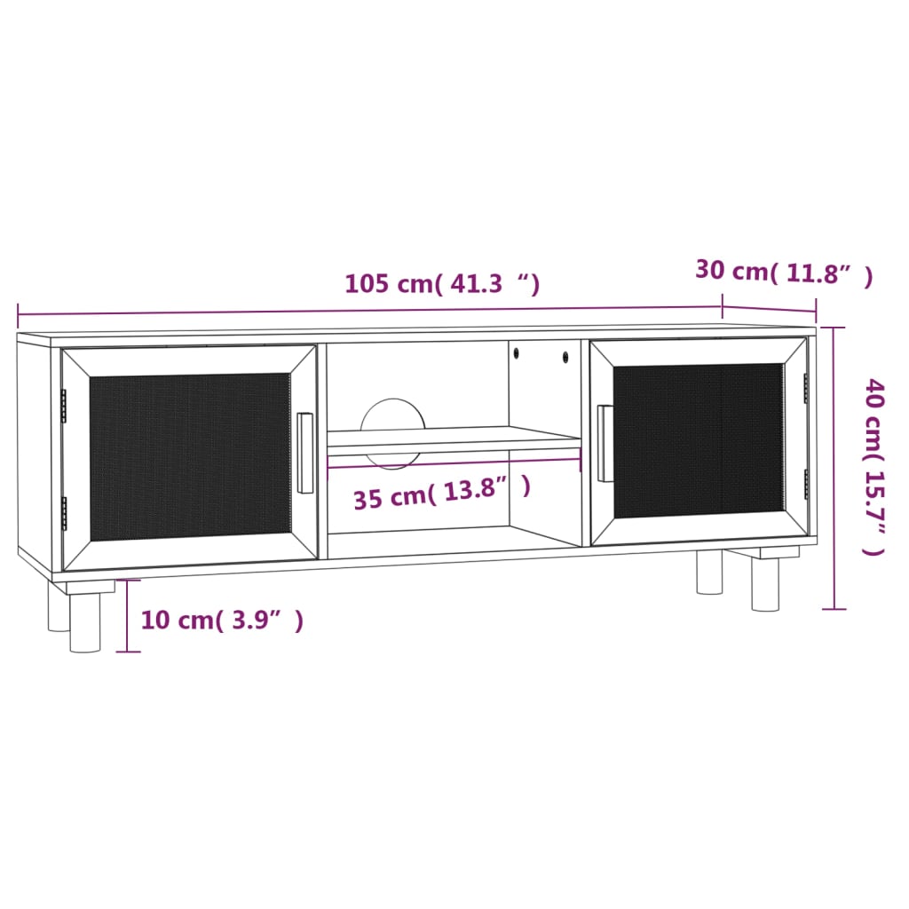 Έπιπλο Τηλεόρασης Μαύρο 105x30x40 εκ Μασίφ Πεύκο & Φυσικό Ρατάν 8