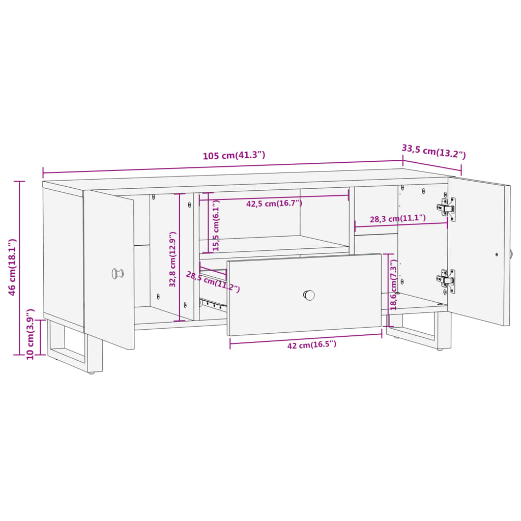 Έπιπλο Τηλεόρασης Καφέ/Μαύρο 105x33,5x46 εκ. Μασίφ Ξύλο Μάνγκο 11