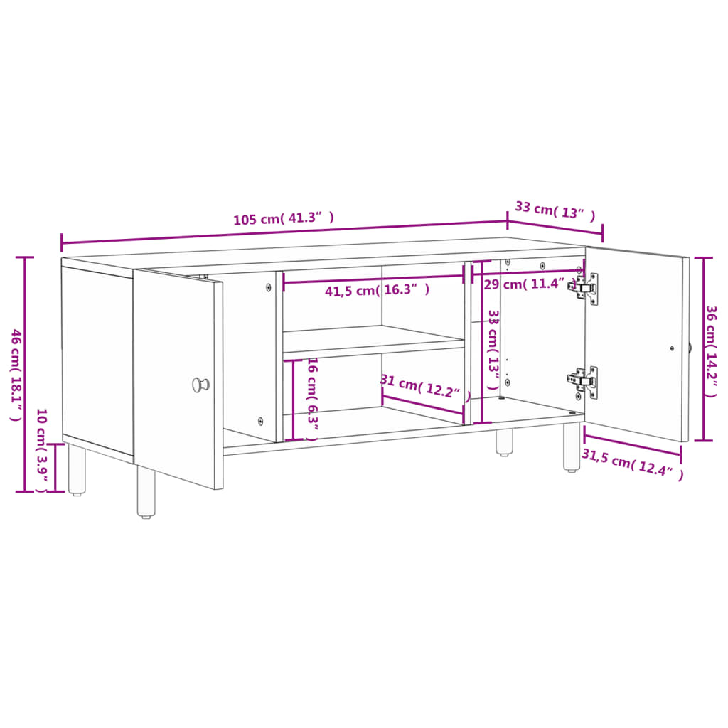 Έπιπλο Τηλεόρασης Μαύρο 105 x 33 x 46 εκ. από Μασίφ Ξύλο Μάνγκο 10