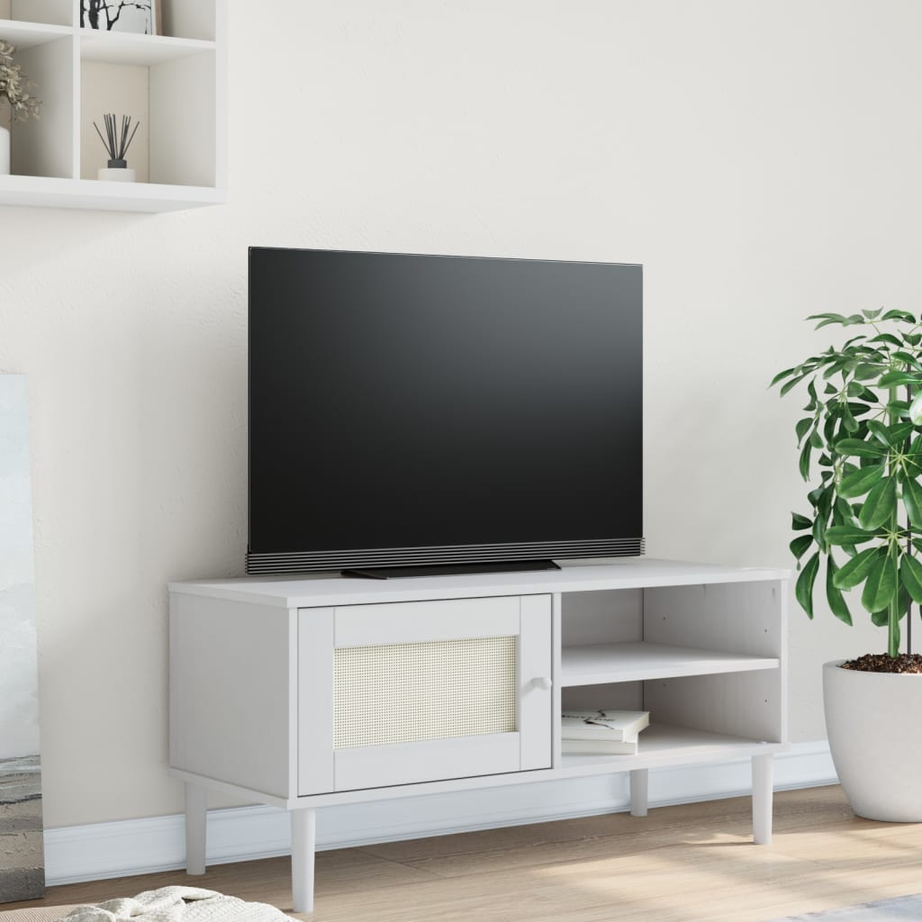 Έπιπλο Τηλεόρασης SENJA Λευκό / Ρατάν 106x40x49 εκ. Μασίφ Πεύκο 1