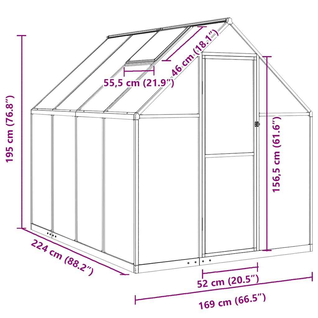 Θερμοκήπιο με Πλαίσιο Βάσης Ασημί 224x169x195 εκ. Αλουμίνιο 11
