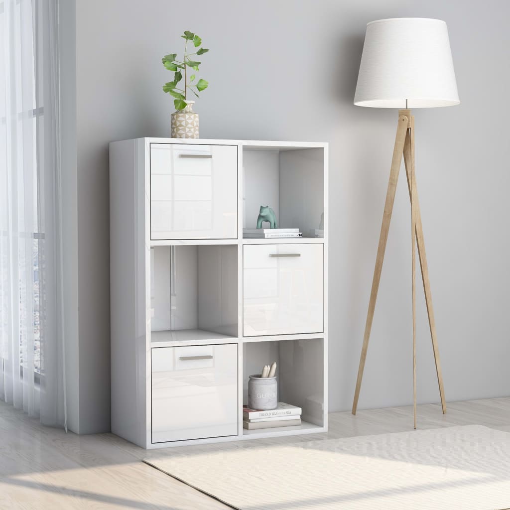 Ραφιέρα με Ντουλάπια Γυαλιστ. Λευκό 60x29,5x90 εκ. Επεξ. Ξύλο 1
