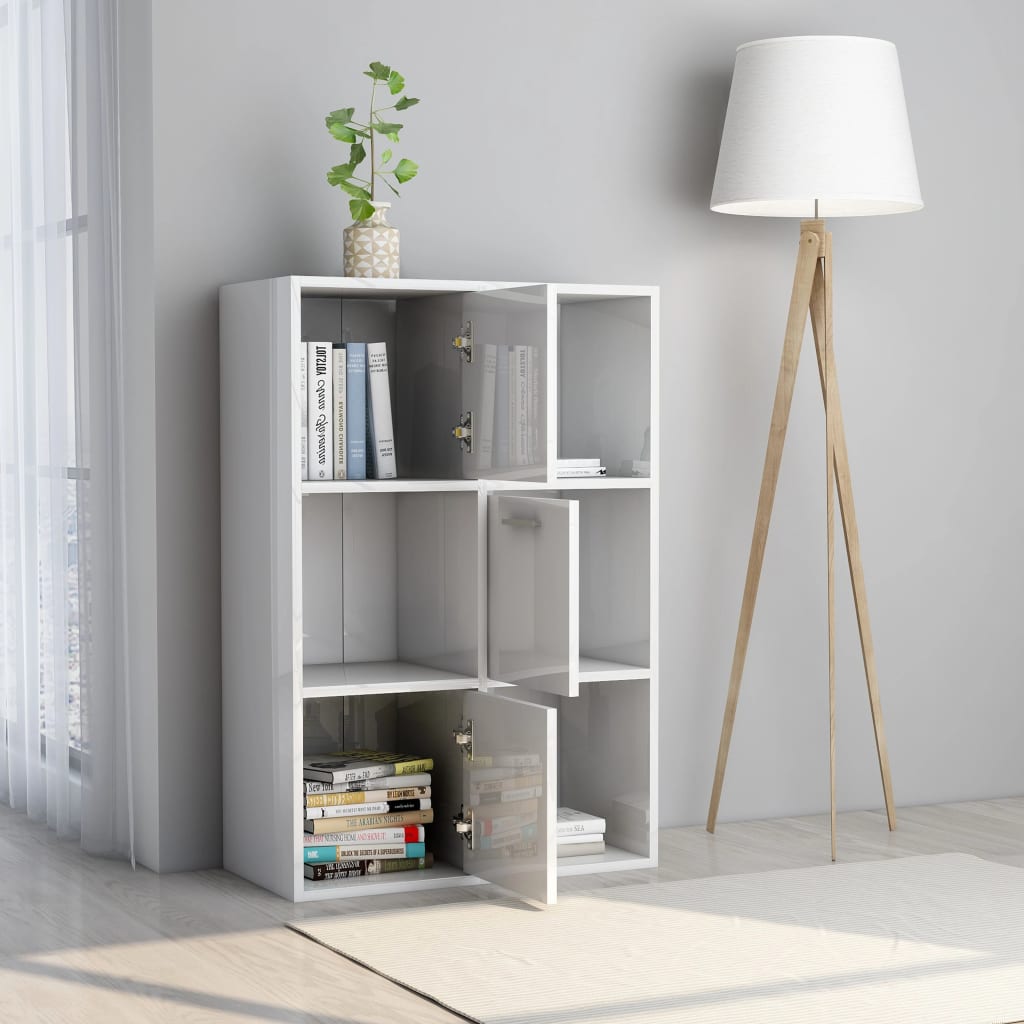 Ραφιέρα με Ντουλάπια Γυαλιστ. Λευκό 60x29,5x90 εκ. Επεξ. Ξύλο 3
