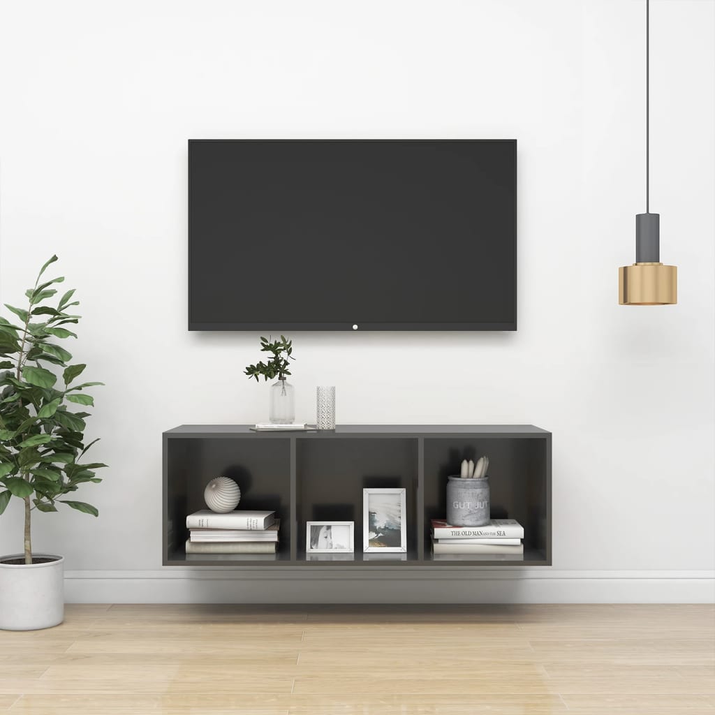 Έπιπλο Τηλεόρασης Κρεμαστό Γυαλ. Γκρι 37x37x107 εκ. Επεξ. Ξύλο 1