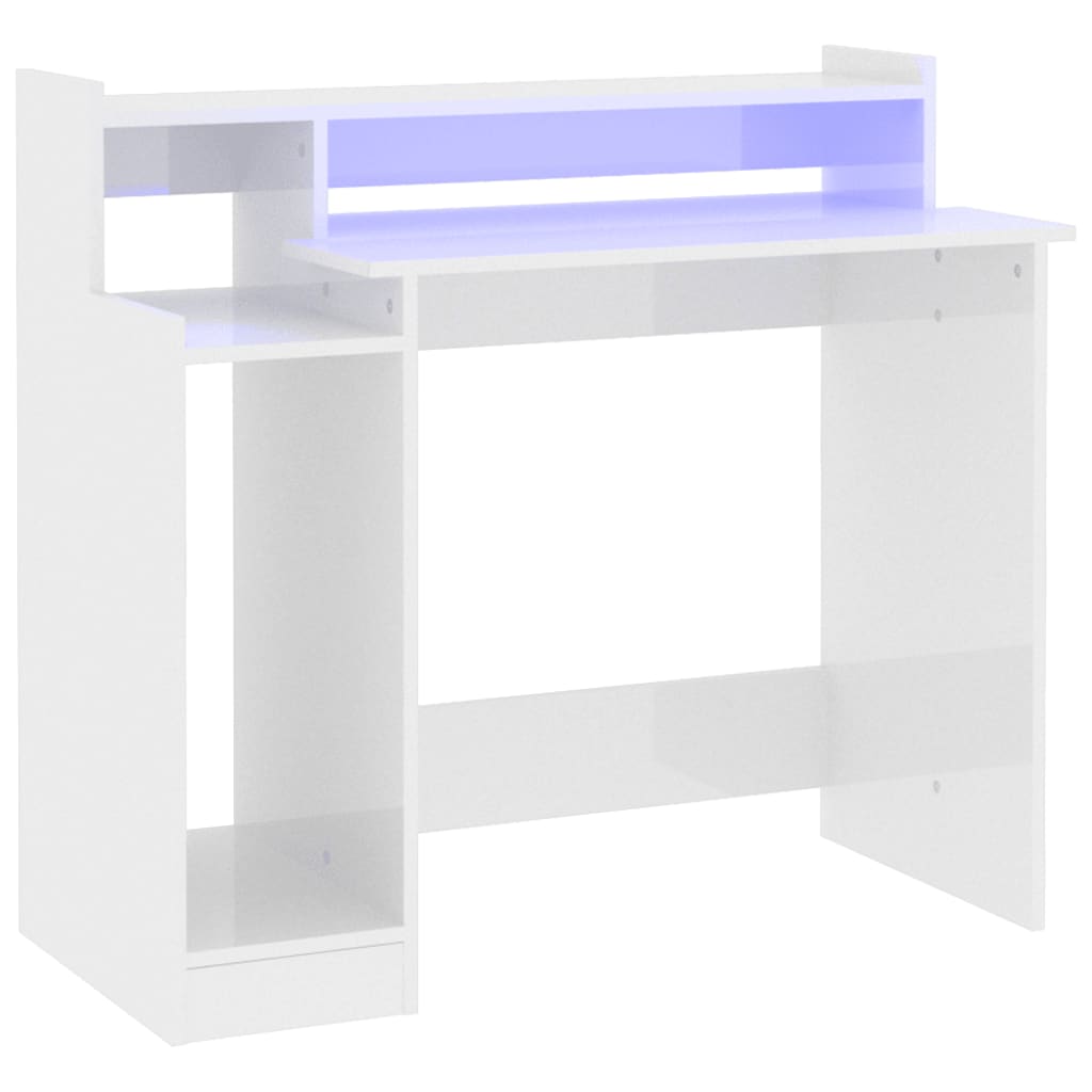 Γραφείο με LED Γυαλιστερό λευκό 97x45x90 εκ. Επεξεργ. Ξύλο 2