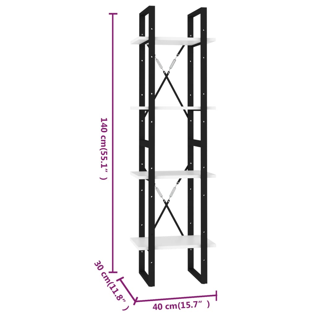 Βιβλιοθήκη με 4 Ράφια Λευκή 40 x 30 x 140 εκ. από Επεξ. Ξύλο 7