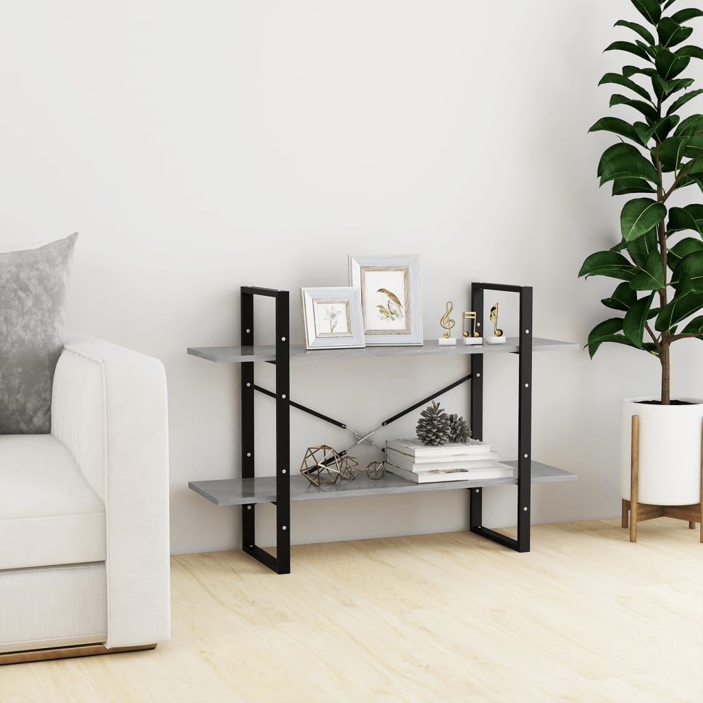 Βιβλιοθήκη με 2 Ράφια Γκρι Σκυροδέματος 100x30x70εκ Επεξ. Ξύλο 3