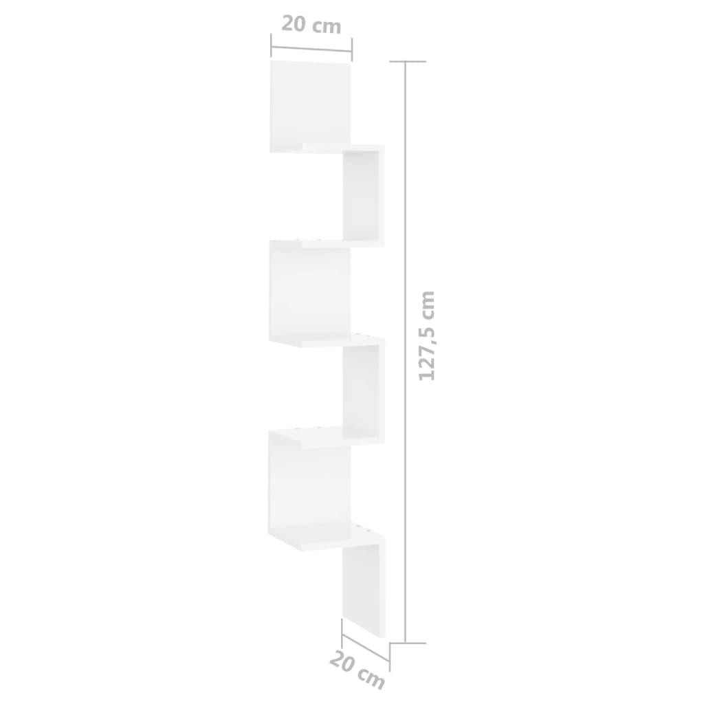 Γωνιακή Ραφιέρα Τοίχου Γυαλ. Λευκή 20x20x127,5 εκ. Επεξ. Ξύλο 8
