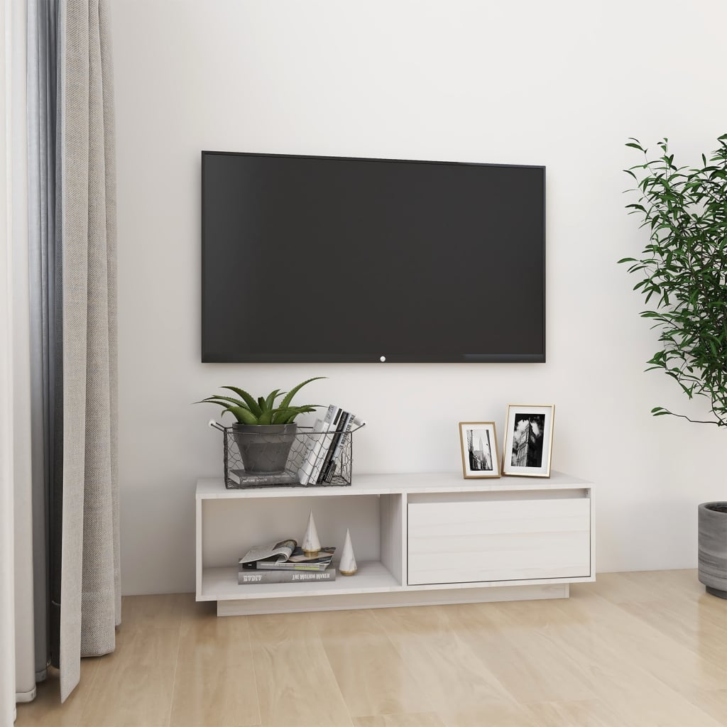 Έπιπλο Τηλεόρασης Λευκό 110 x 30 x 33,5εκ από Μασίφ Ξύλο Πεύκου 1