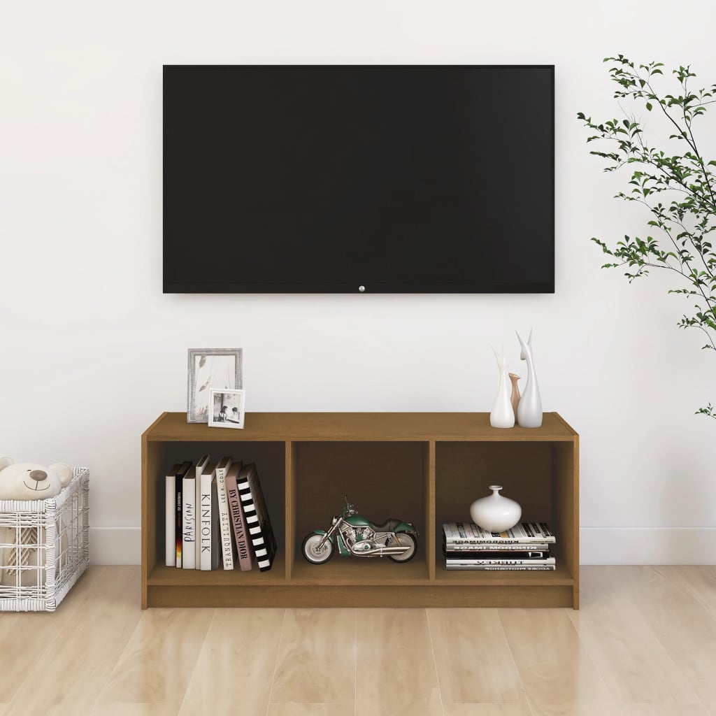 Έπιπλο Τηλεόρασης Καφέ Μελί 104x33x41 εκ. από Μασίφ Ξύλο Πεύκου 3