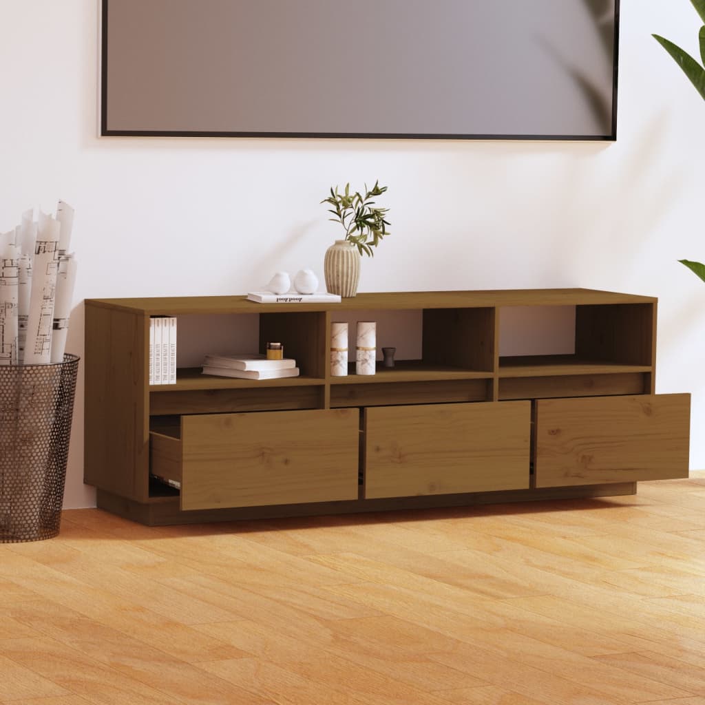 Έπιπλο Τηλεόρασης Καφέ Μελί 140x37x50 εκ. από Μασίφ Ξύλο Πεύκου 3