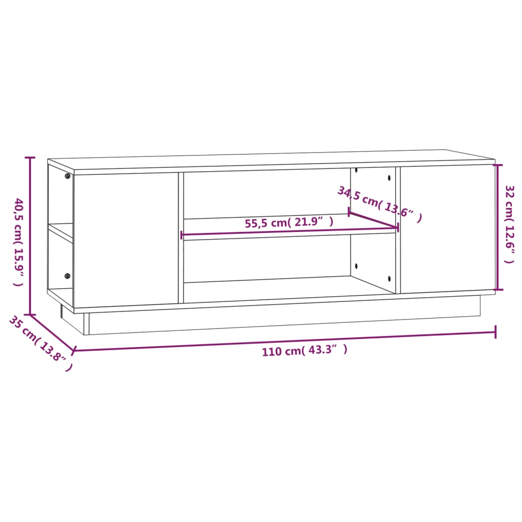 Έπιπλο Τηλεόρασης Λευκό 110x35x40,5 εκ. από Μασίφ Ξύλο Πεύκου 8