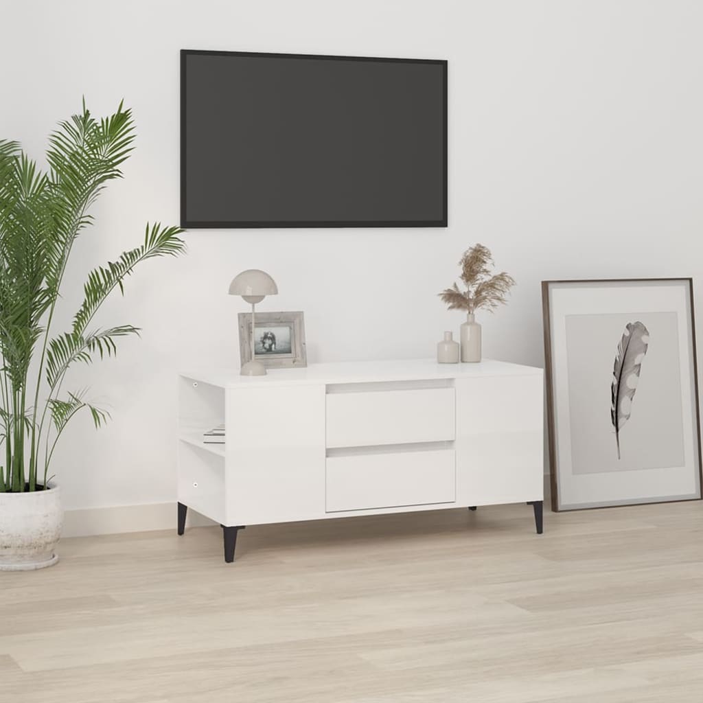 Έπιπλο Τηλεόρασης Γυαλ. Λευκό 102x44,5x50 εκ.Επεξεργασμένο Ξύλο 1