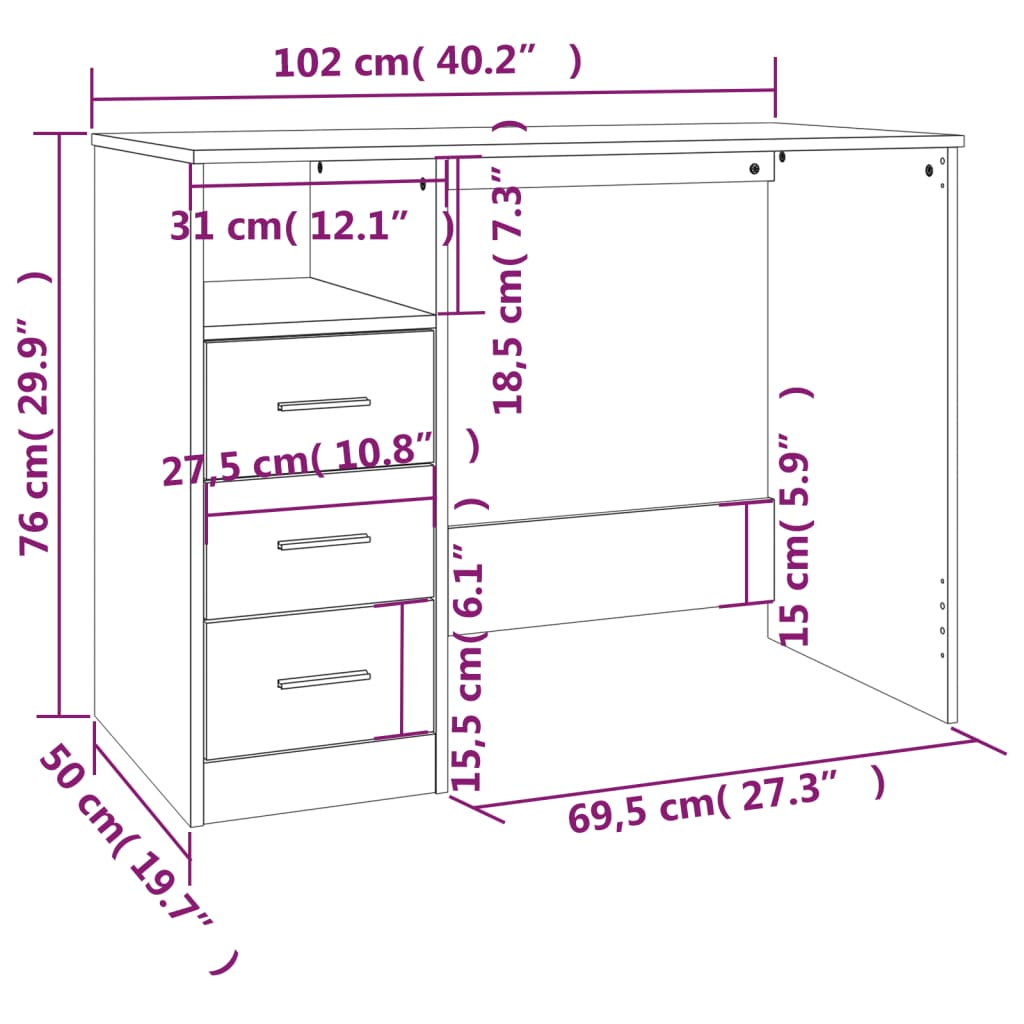 Γραφείο με Συρτάρια Γυαλ. Λευκό 102x50x76 εκ. Επεξεργ. Ξύλο 11