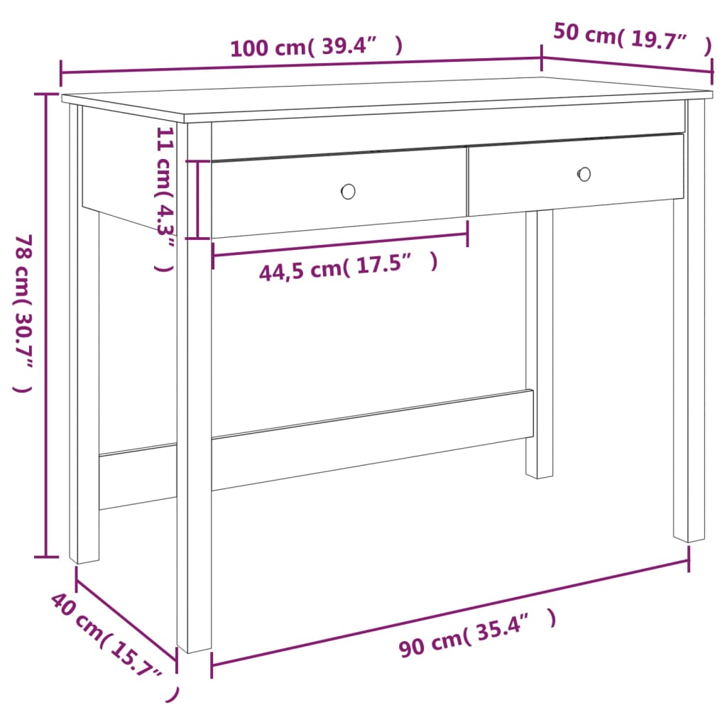 Γραφείο με Συρτάρια Καφέ Μελί 100x50x78 εκ. Μασίφ Ξύλο Πεύκου 10