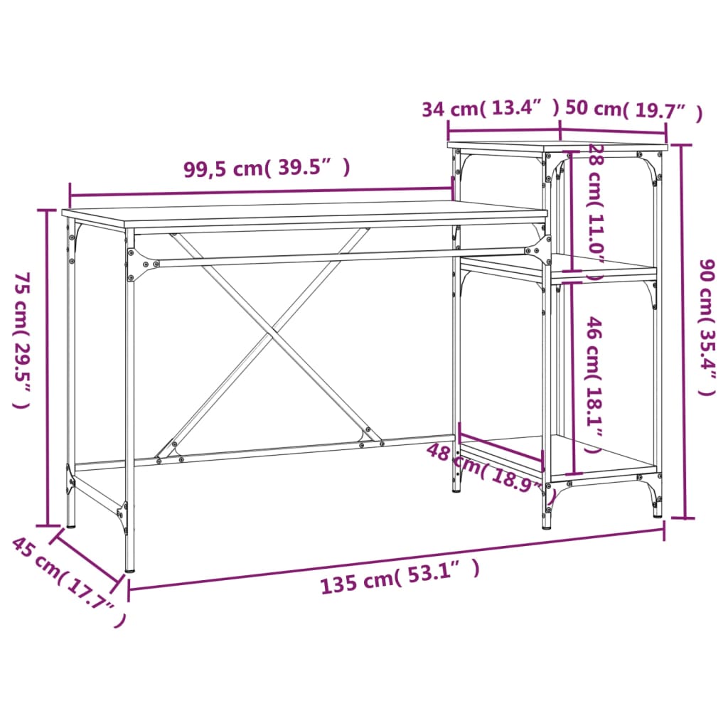 Γραφείο με Ράφια Sonoma Δρυς 135x50x90 εκ. Επεξ. Ξύλο/Σίδηρος 9