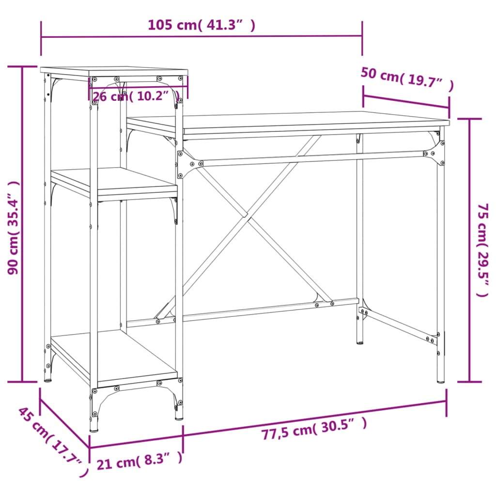 Γραφείο με Ράφια Γκρι Sonoma 105x50x90 εκ. Επεξ. Ξύλο/Σίδηρος 8