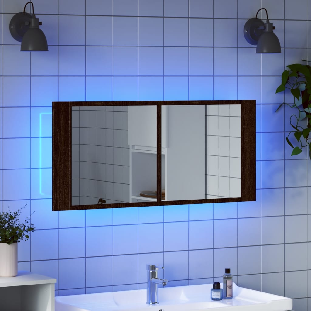 Ντουλάπι Μπάνιου με Καθρέφτη/LED Καφέ Δρυς 100x12x45 εκ. 4
