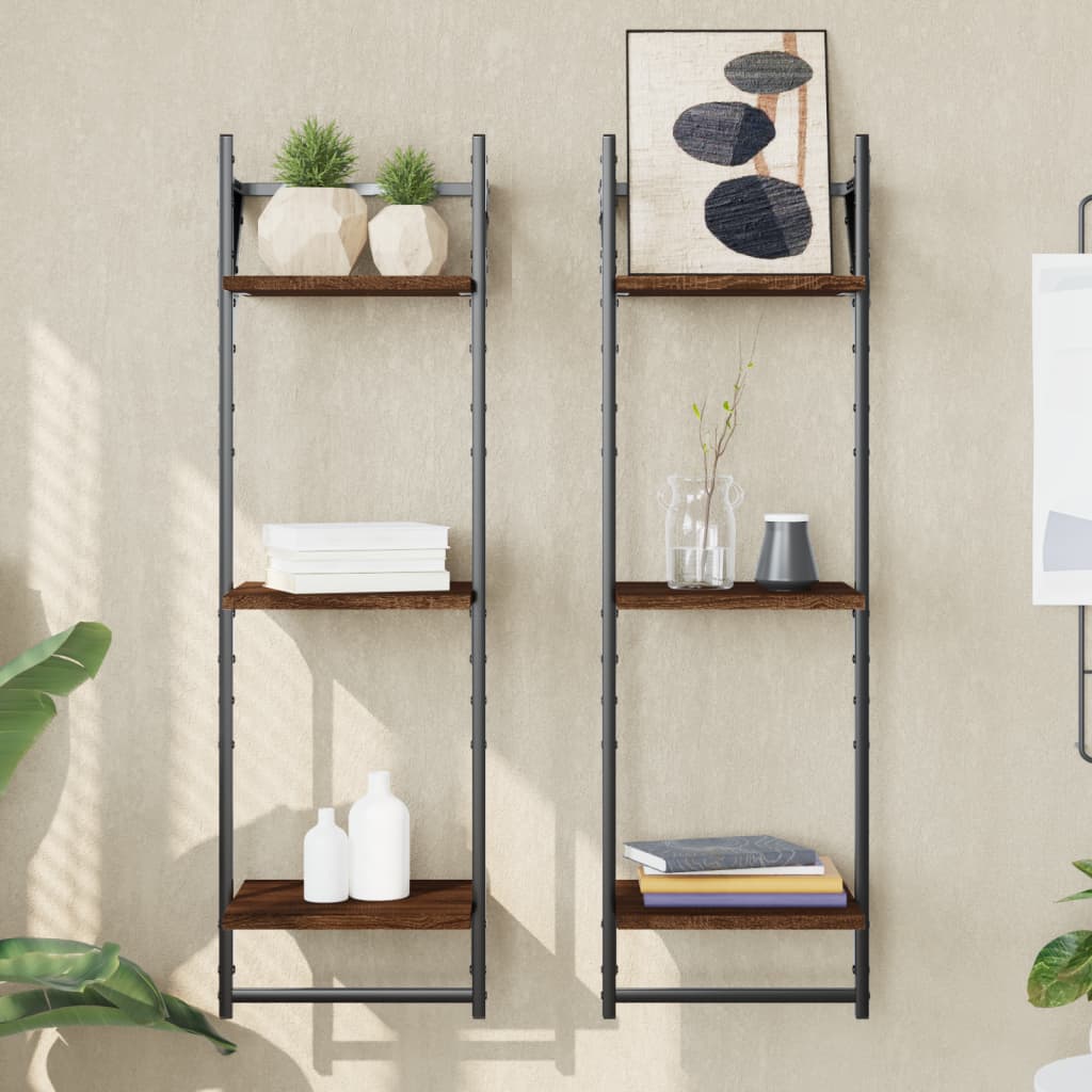 Ράφια Τοίχου 3 Επιπέδων με Μπάρα 2 τεμ Καφέ Δρυς 30x25x100 εκ 1