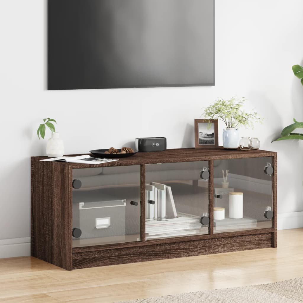 Έπιπλο Τηλεόρασης Καφέ Δρυς 102x37x42 εκ. Γυάλινες Πόρτες 3