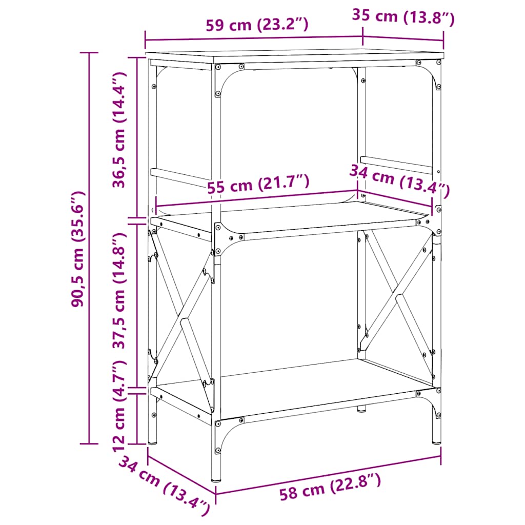 Βιβλιοθήκη 3 Επιπέδων Καφέ Δρυς 59x35x90,5 εκ. Επεξεργ. Ξύλο 9