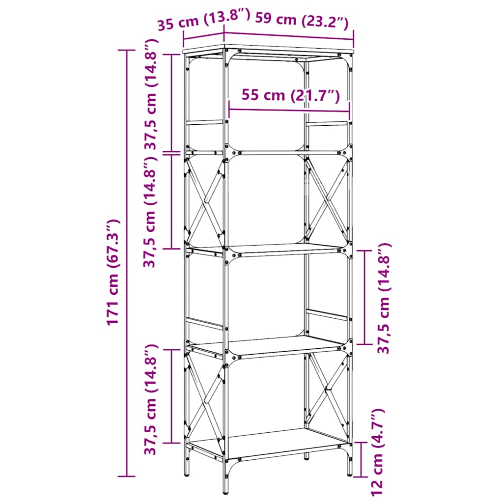 Βιβλιοθήκη 5 Επιπέδων Καπνιστή Δρυς 59x35x171 εκ. Επεξεργ. Ξύλο 9