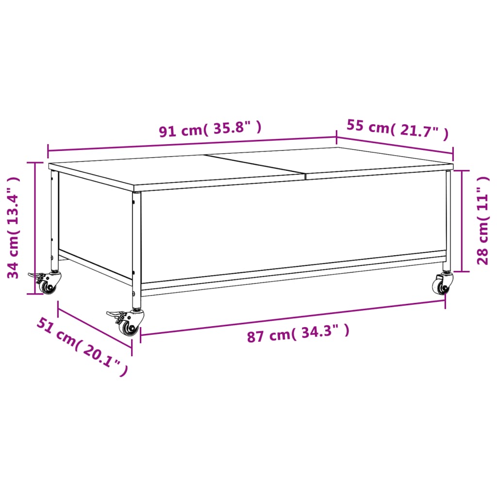 Τραπεζάκι Σαλονιού Ροδάκια Γκρι Sonoma 91x55x34 εκ. Επεξ. Ξύλο 12